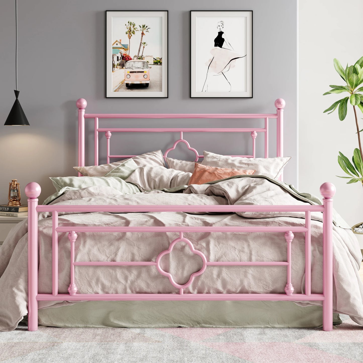 14 Inch Platform Bed Frame, Vintage Victorian Style, Wrought Iron Headboard and Footboard