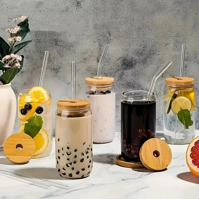 4/6 pieces, glass cup, 17.8 oz/550 ml Mason glass cup with bamboo lid,
