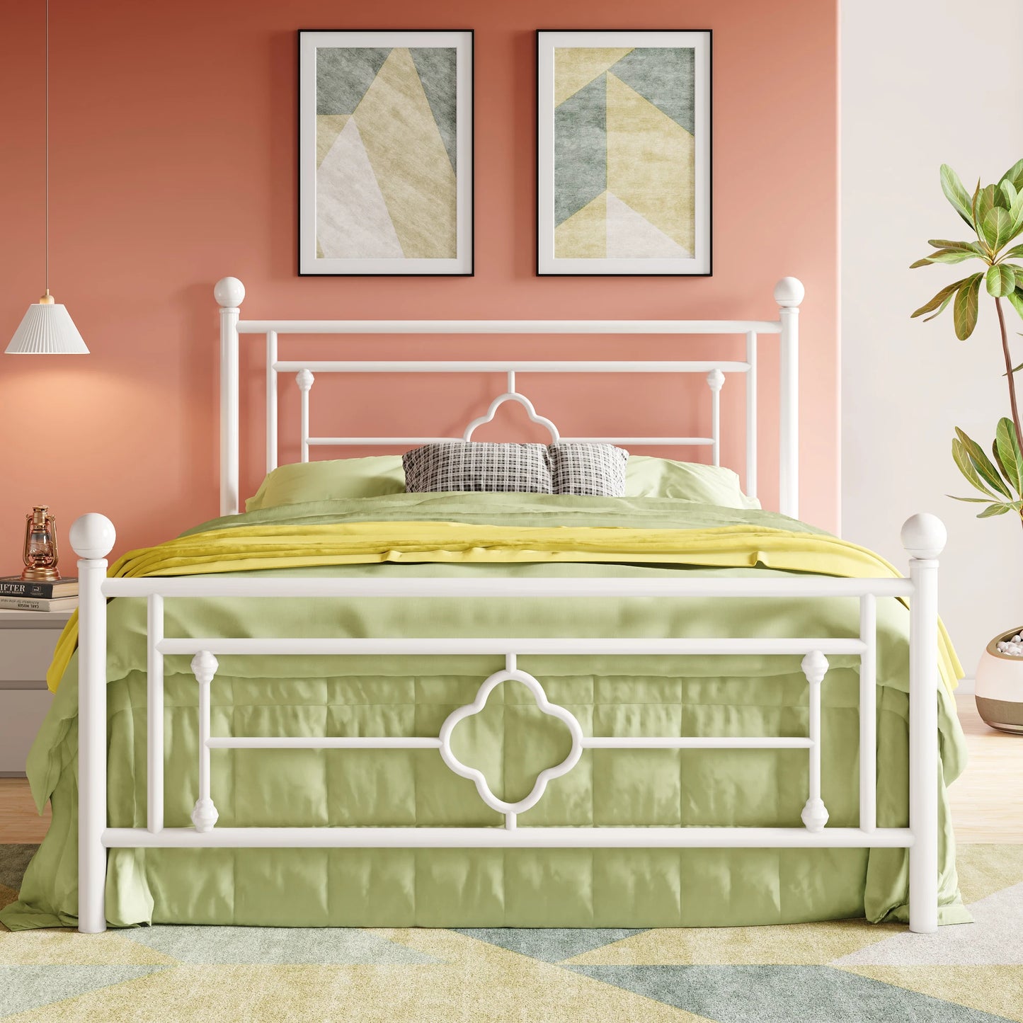 14 Inch Platform Bed Frame, Vintage Victorian Style, Wrought Iron Headboard and Footboard