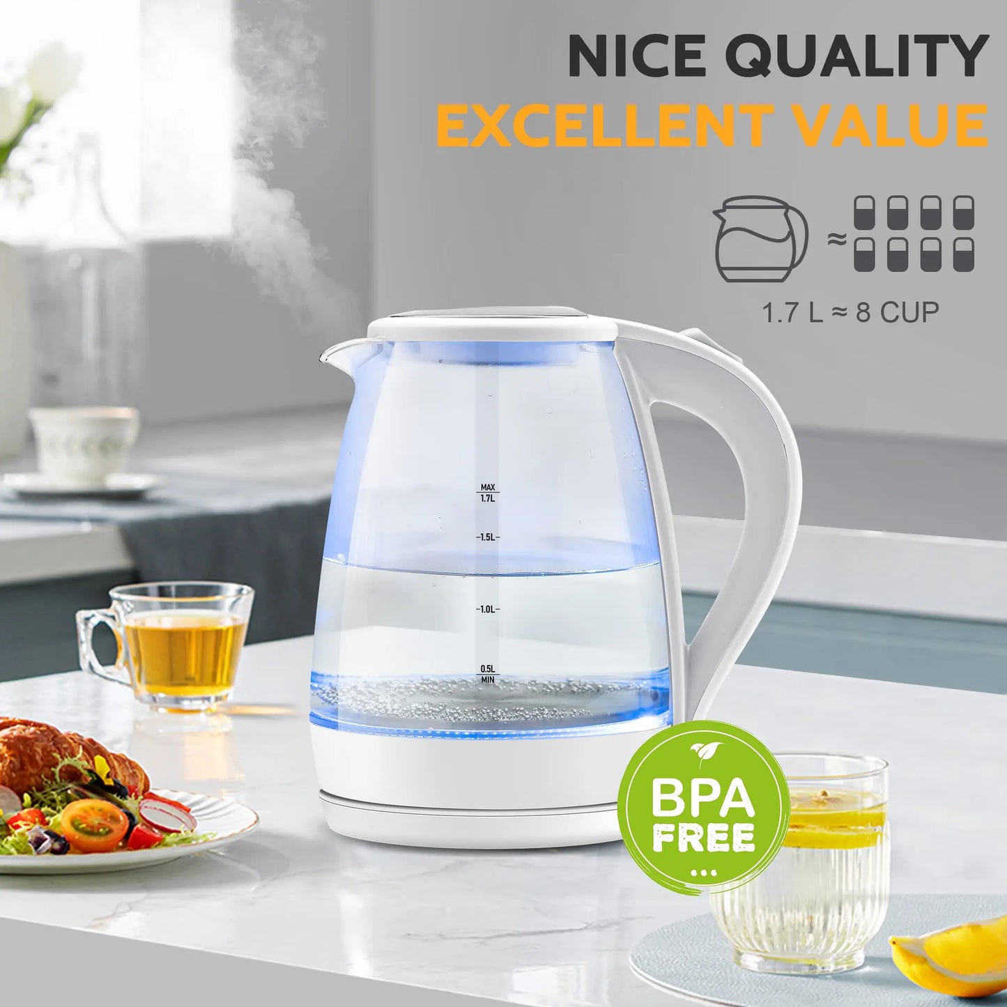 Electric Tea Kettle - 1.7L Borosilicate Glass Electric Kettle with LED Indicator
