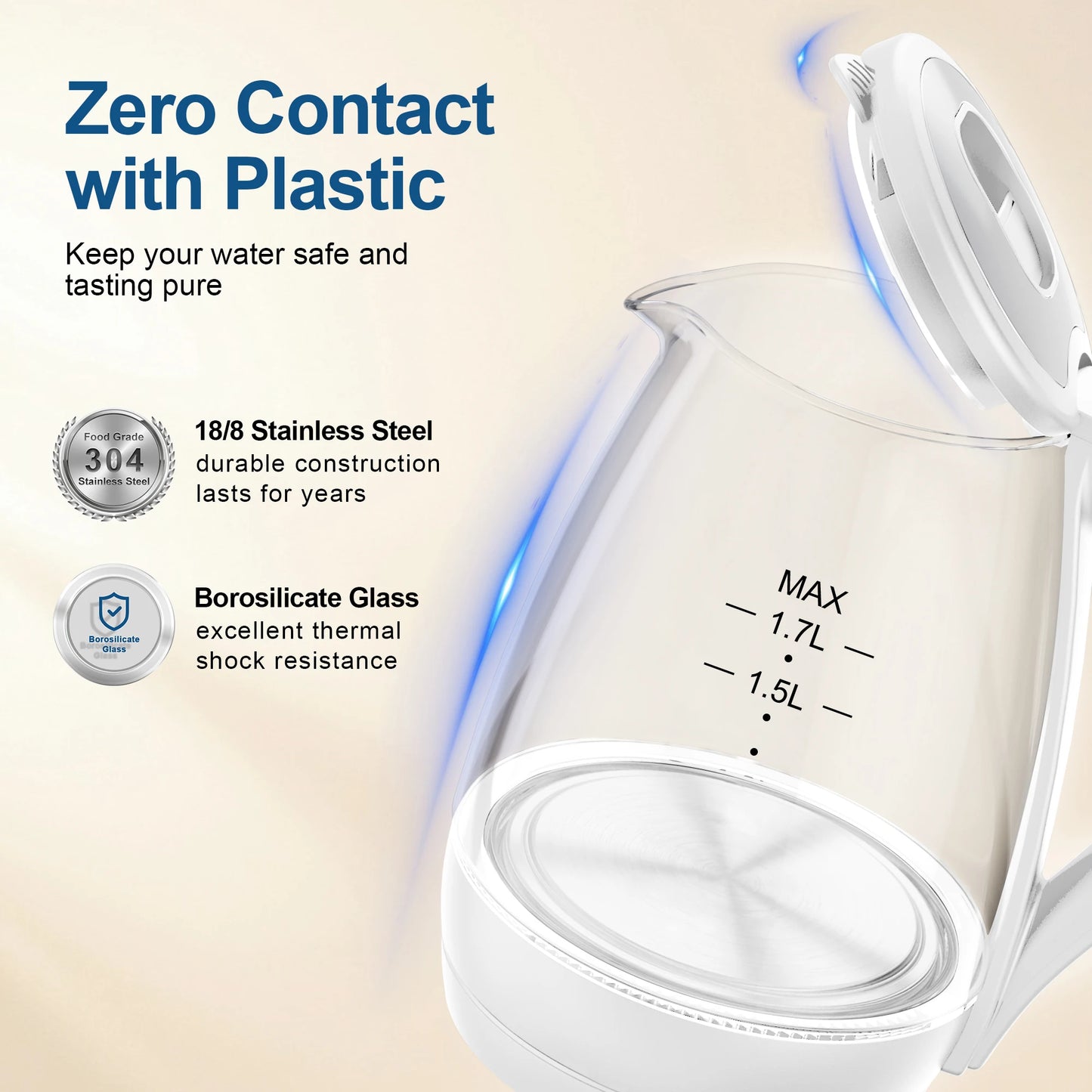 Electric Tea Kettle - 1.7L Borosilicate Glass Electric Kettle with LED Indicator