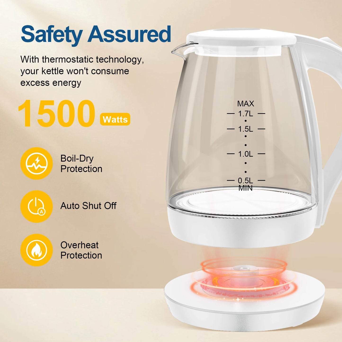 Electric Tea Kettle - 1.7L Borosilicate Glass Electric Kettle with LED Indicator