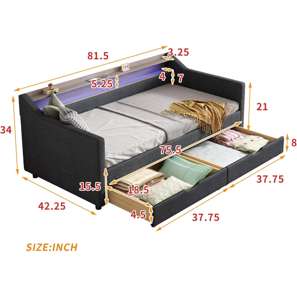 Twin Size Daybed with Storage, with 2 Drawers, Daybed Frame with USB Port and Smart LED Light, Slat Support, Dark Grey