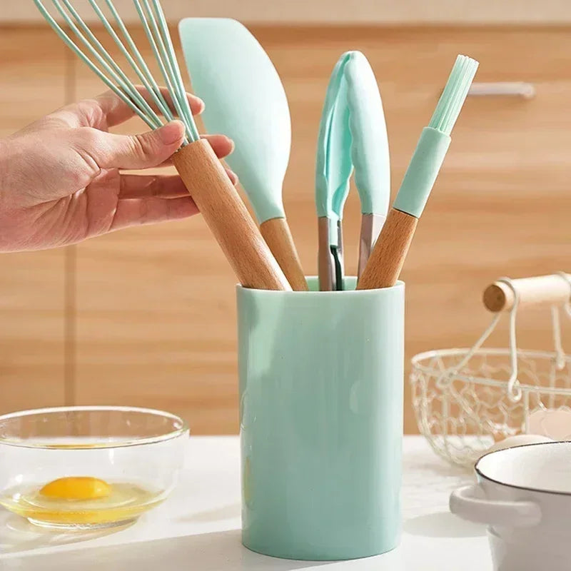 12PCS Food Grade Silicone Kitchen Cookware Utensils Turner Spatula Measuring Spoon Practical Cooking Tool Kitchenware Set Spoon