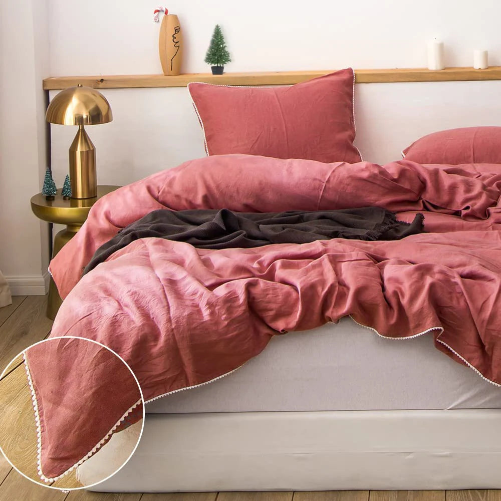3Pcs 100% Linen Bedding Set, Washed Comforter Boho Breathable Queen King Size Duvet Cover Bed Sheet Pillow Shams