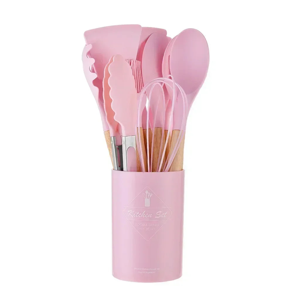 12PCS Food Grade Silicone Kitchen Cookware Utensils Turner Spatula Measuring Spoon Practical Cooking Tool Kitchenware Set Spoon