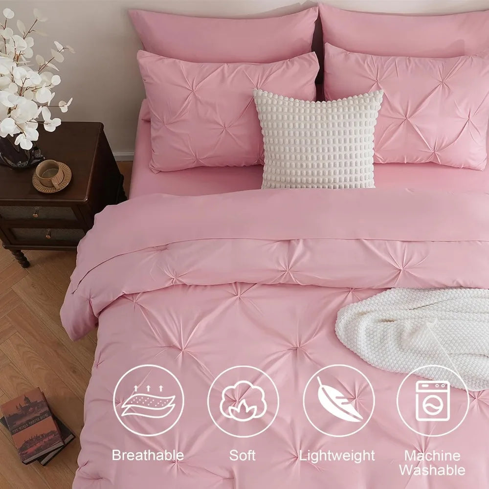 DOWNCOOL 7 Pieces King Size Comforter Set, Pink Pintuck Bed in A Bag, All Season