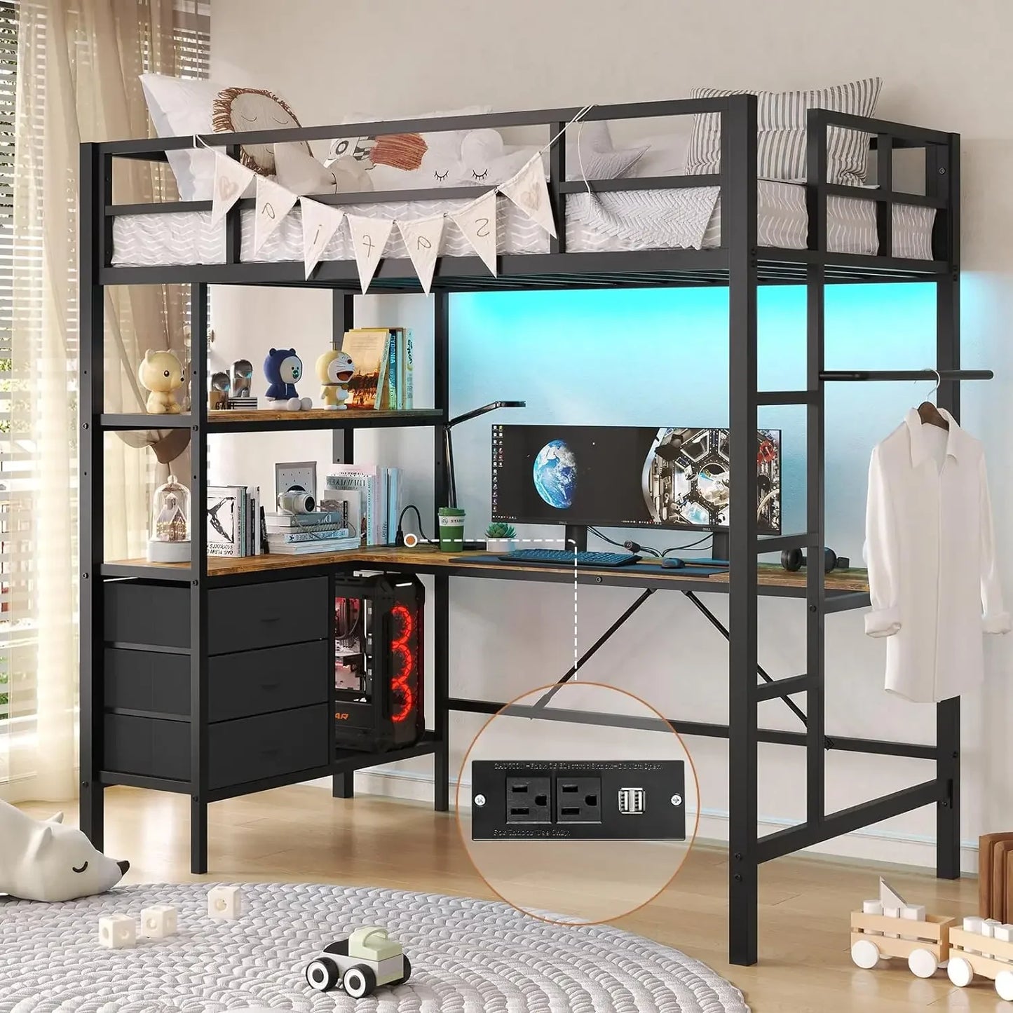 Twin Loft Bed with L-Shaped Desk, LED Lights, Charging Station with 3 Storage Shelves and 3 Fabric Drawers