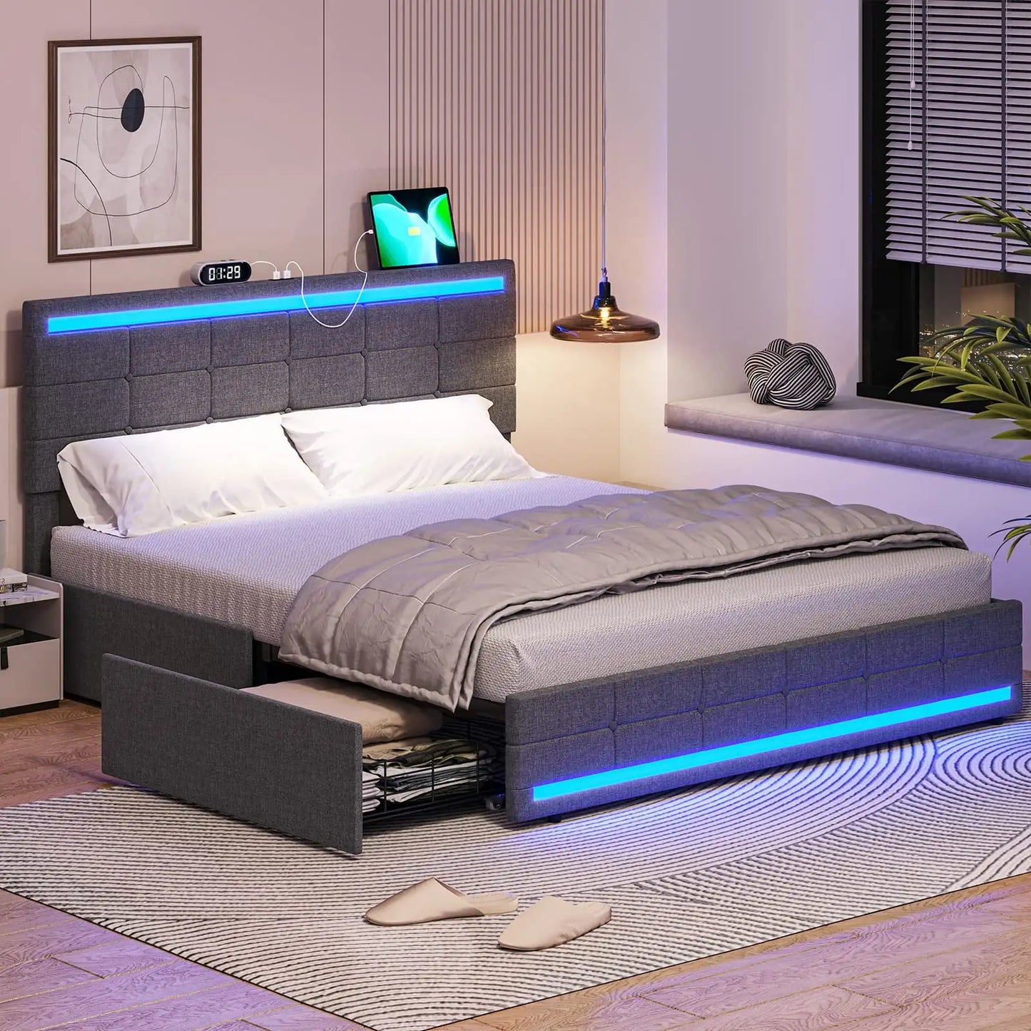 LED Lights Headboard and Footboard, Square Stitched Button Tufted Design, Upholstered Platform Bed Frame