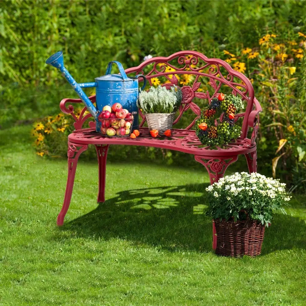 38.5"Length Garden Bench Park Chair with Cast Aluminum Furniture with Rose Pattern