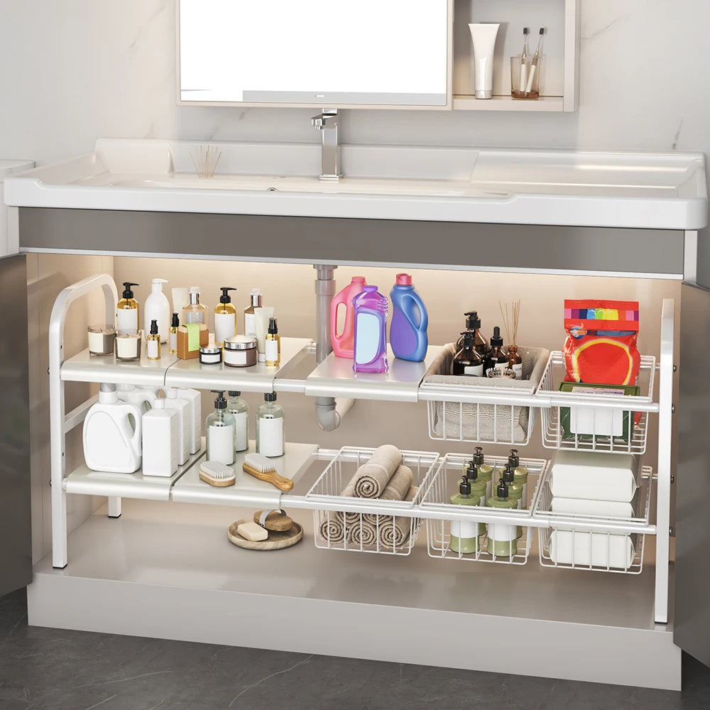 Set Expandable Cabinet Shelf Organizer Storage Rack With Removable Baskets