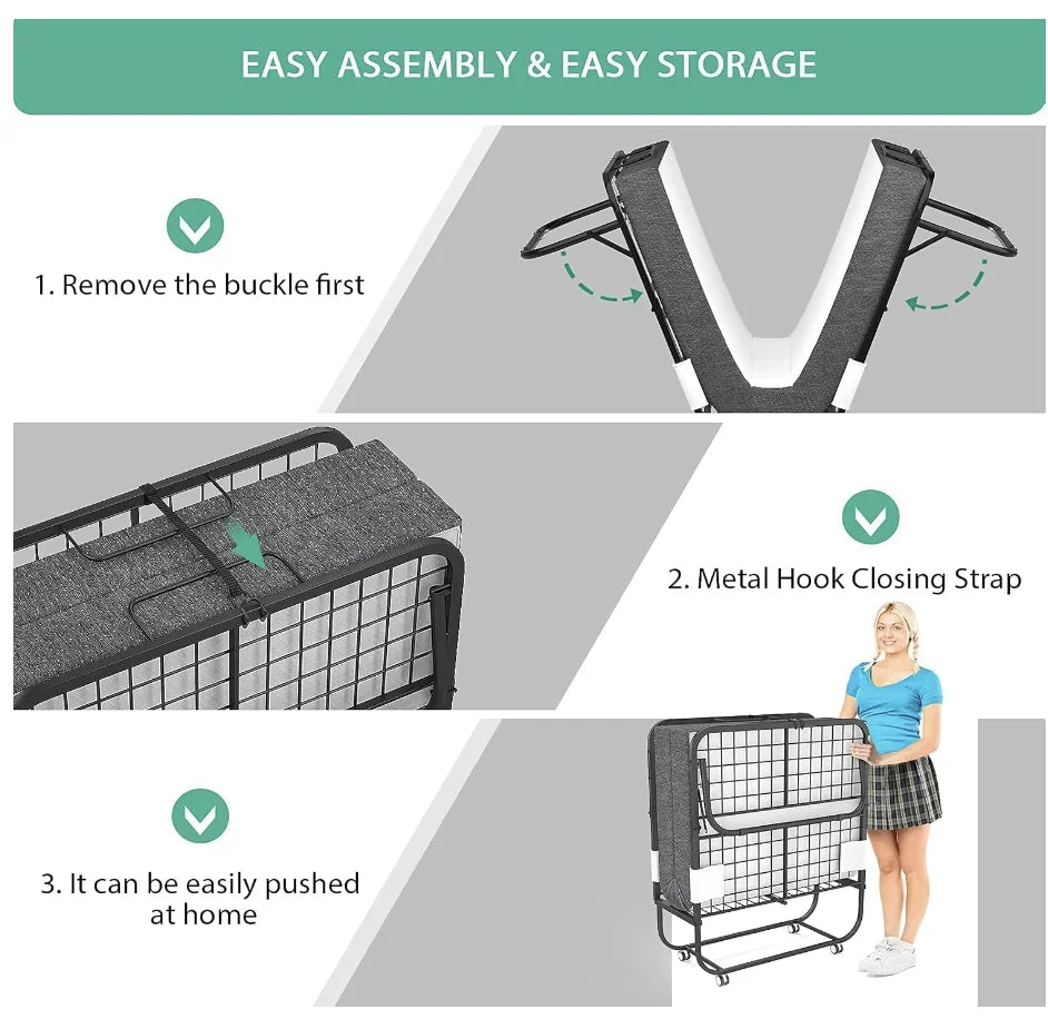 Folding Bed with Mattress Guest Beds, Cot Size Rollaway Beds for Adults with Luxurious Memory 5 Inch Foam Mattress