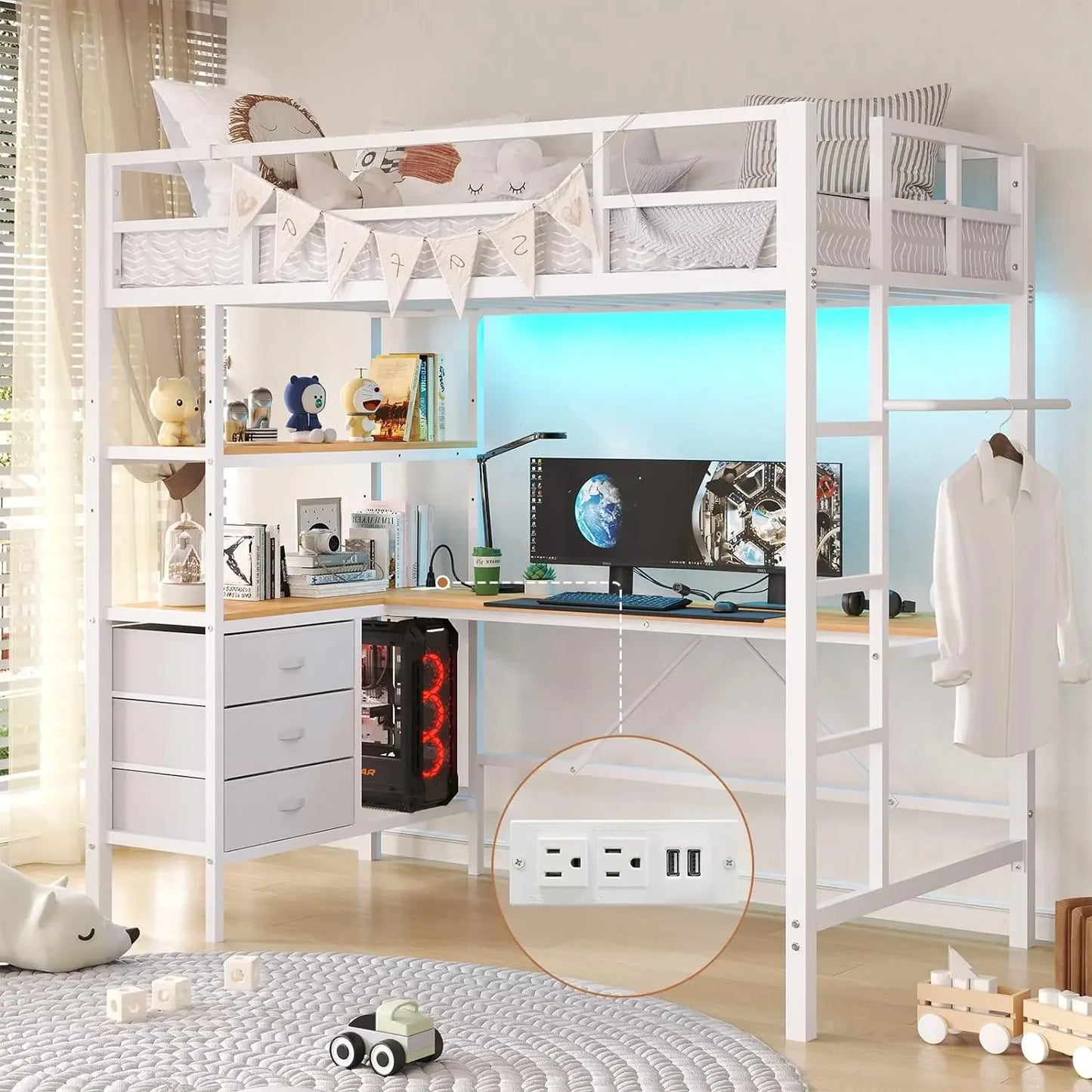 Twin Loft Bed with L-Shaped Desk, LED Lights, Charging Station with 3 Storage Shelves and 3 Fabric Drawers