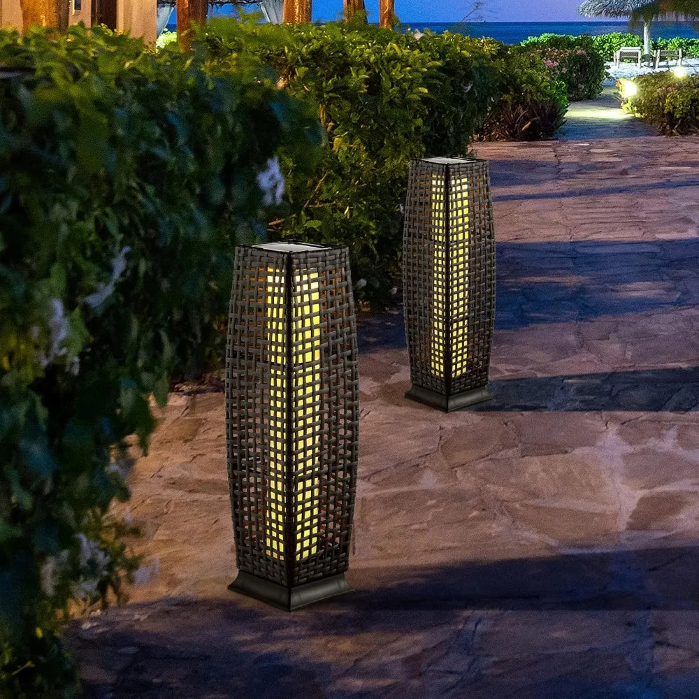 2-Piece Outdoor Solar Powered Floor Lamps, Waterproof Wicker with Auto On/Off LED Light