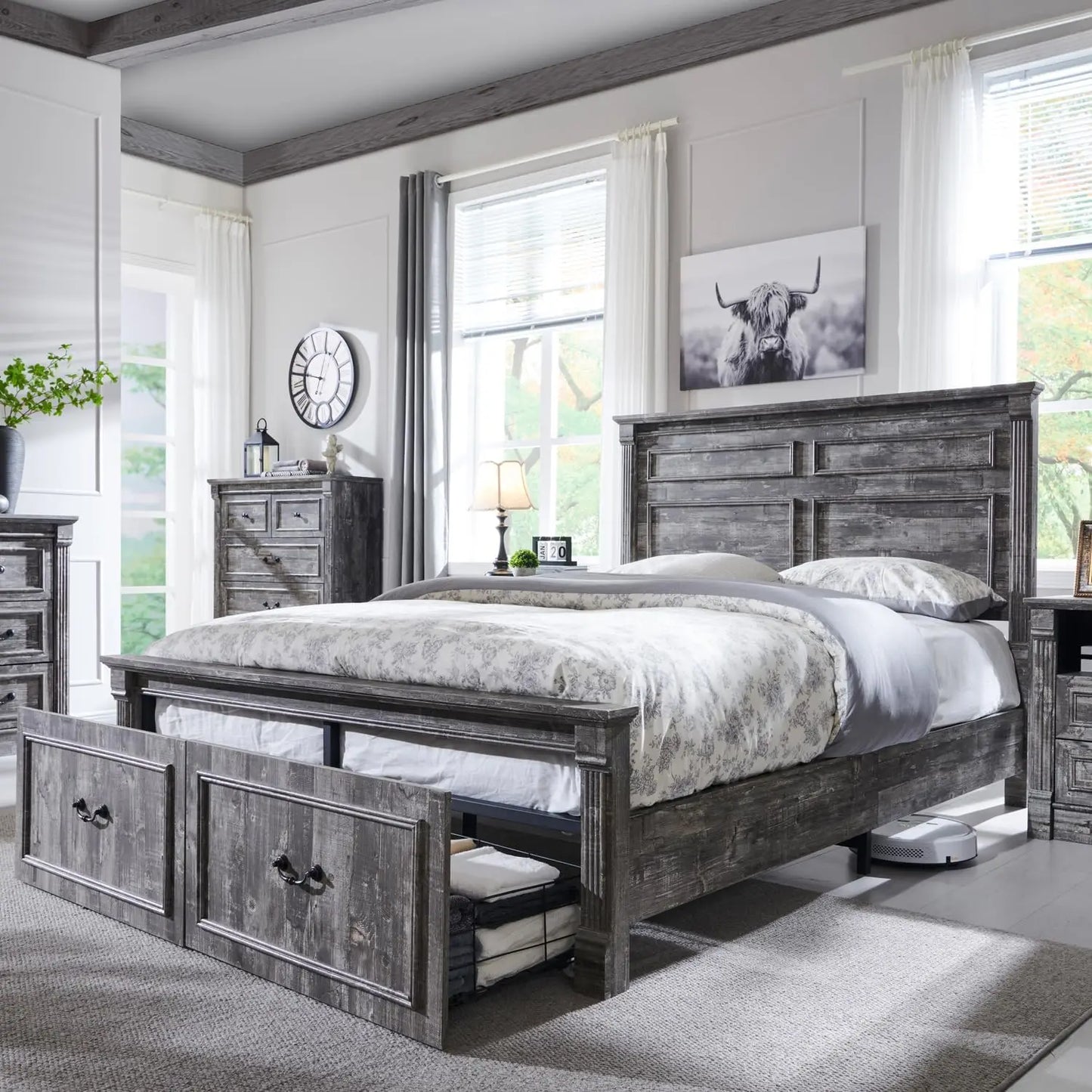 Farmhouse Queen Size Bed Frame, with 51" Tall Headboard, 20" Tall Footboard & 2 Large Storage Drawers
