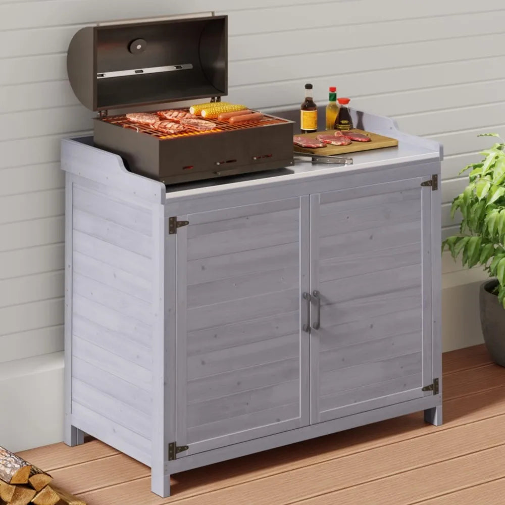 Garden Wooden Storage Cabinet with Adjustable Shelf, Double Doors with Work Bench.