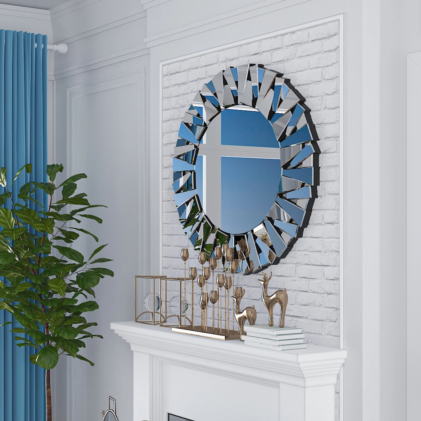 32" Decorative Round Wall Mirror with Modern Silver Glass Wall-Mounted Beveled Hanging Circle Accents