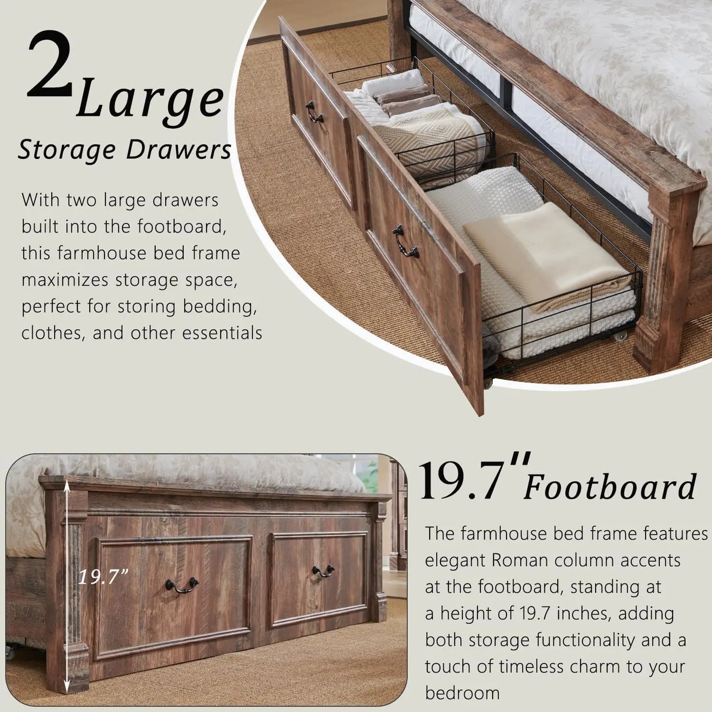 Farmhouse Queen Size Bed Frame, with 51" Tall Headboard, 20" Tall Footboard & 2 Large Storage Drawers