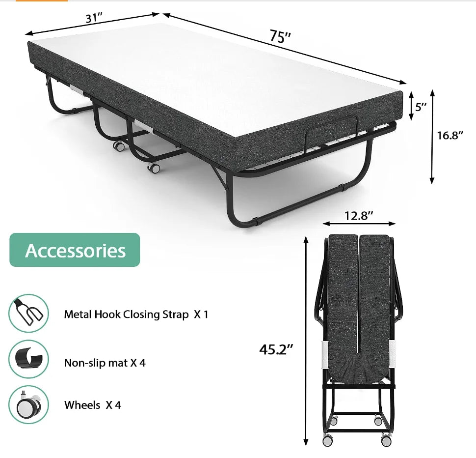 Folding Bed with Mattress Guest Beds, Cot Size Rollaway Beds for Adults with Luxurious Memory 5 Inch Foam Mattress
