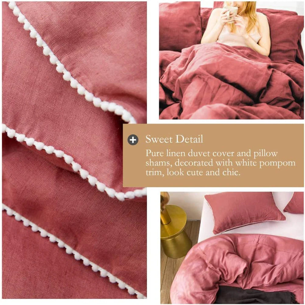 3Pcs 100% Linen Bedding Set, Washed Comforter Boho Breathable Queen King Size Duvet Cover Bed Sheet Pillow Shams