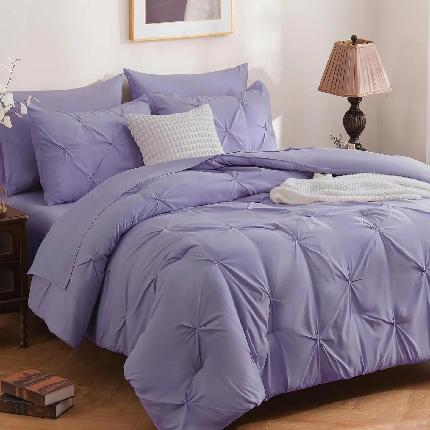 DOWNCOOL 7 Pieces King Size Comforter Set, Pink Pintuck Bed in A Bag, All Season
