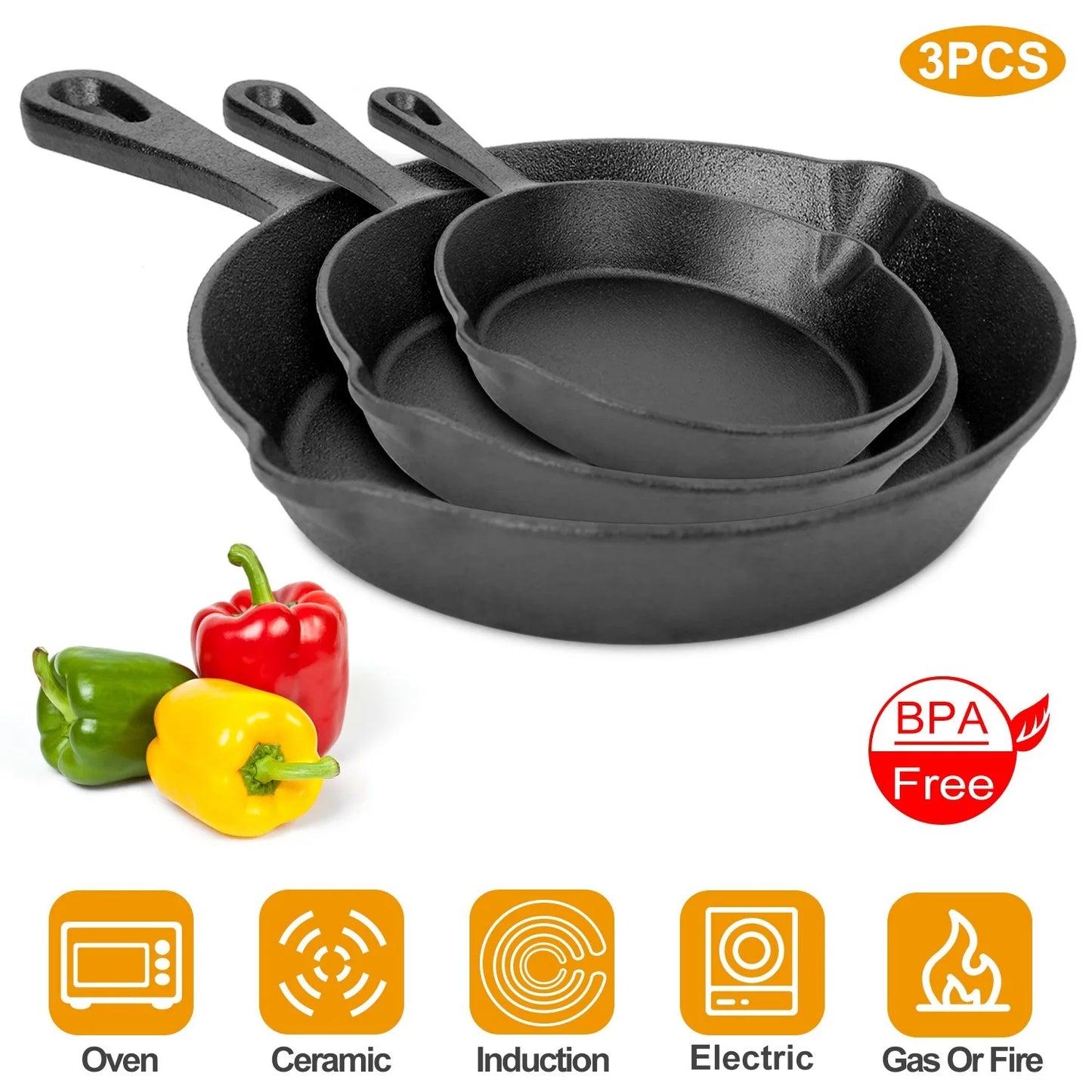 Pre-Seasoned Cast Iron Skillet Set 6/8/10in Oven Safe Cookware
