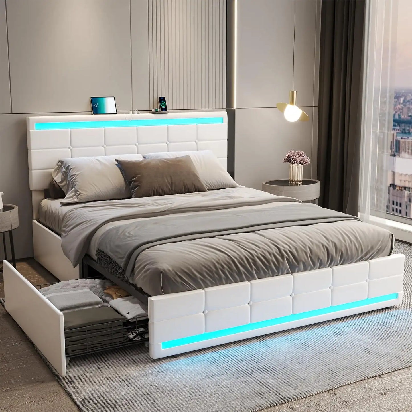 LED Lights Headboard and Footboard, Square Stitched Button Tufted Design, Upholstered Platform Bed Frame