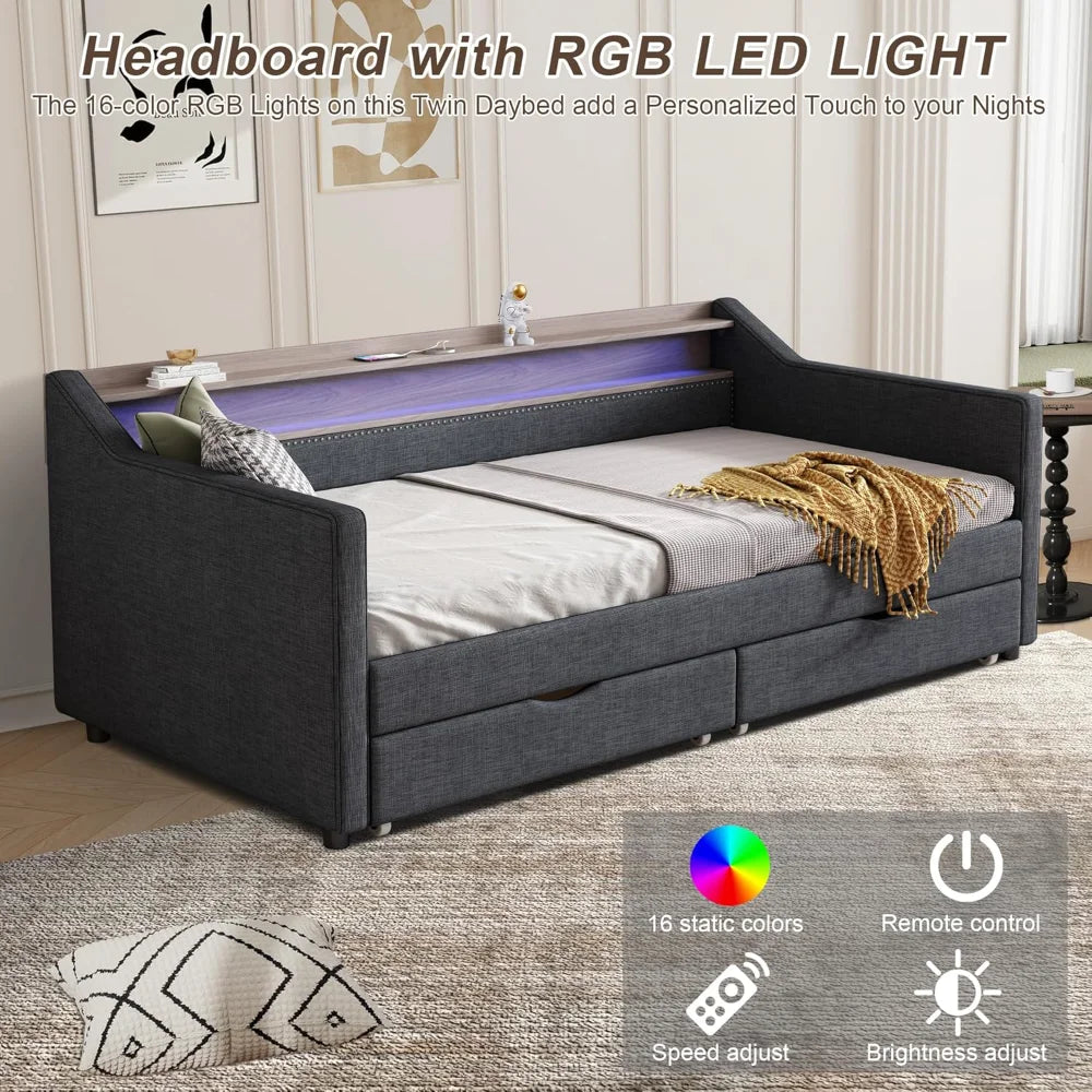 Twin Size Daybed with Storage, with 2 Drawers, Daybed Frame with USB Port and Smart LED Light, Slat Support, Dark Grey