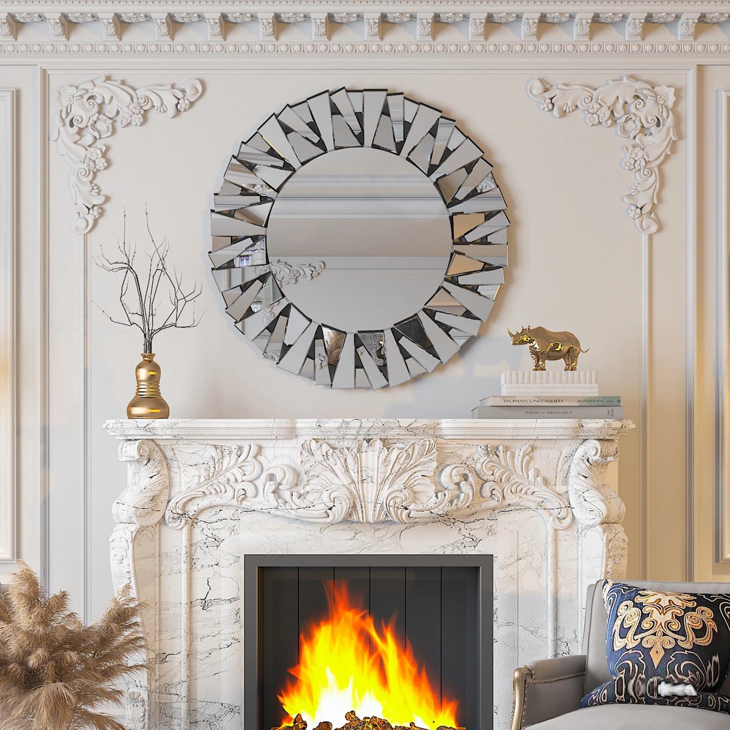 32" Decorative Round Wall Mirror with Modern Silver Glass Wall-Mounted Beveled Hanging Circle Accents