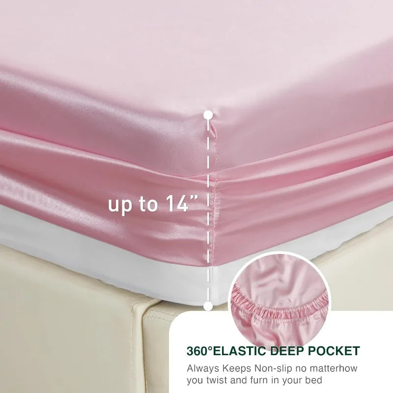 4 Piece Pink Silky Satin Bed Sheets Queen Set with Deep Pocket