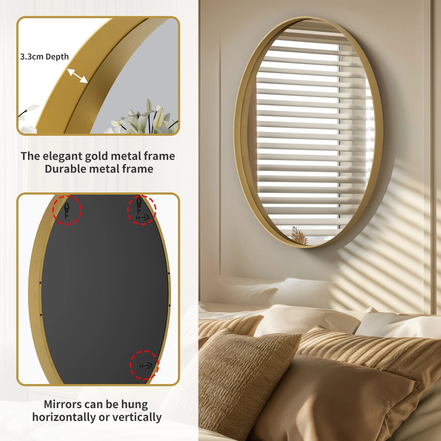 Oval Wall Mounted Vanity Mirror with Brushed Brass Frame
