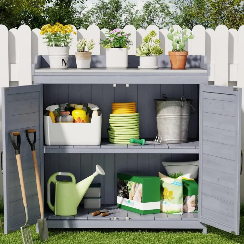Garden Wooden Storage Cabinet with Adjustable Shelf, Double Doors with Work Bench.