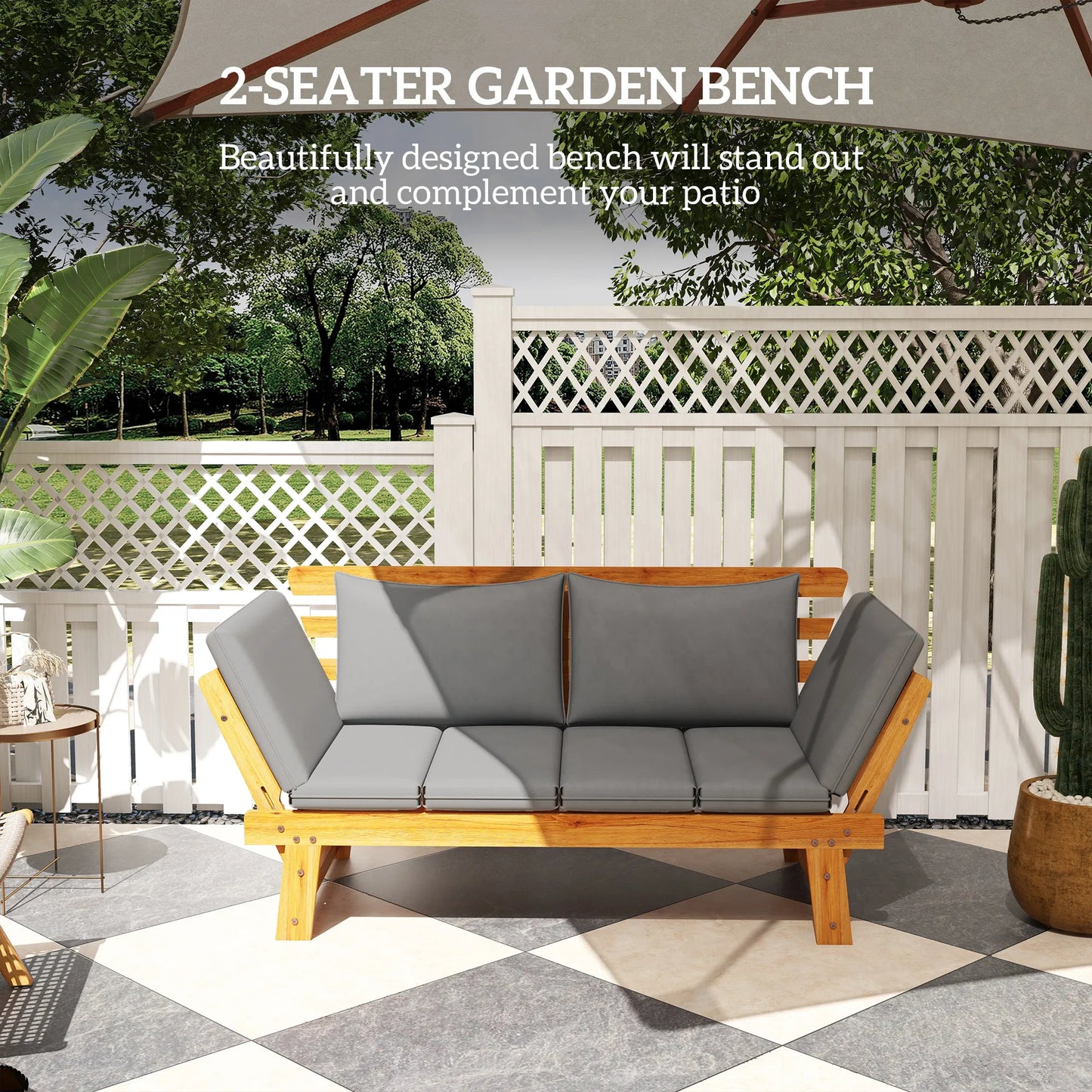 Wooden Garden Bench w/ Cushions, Gray