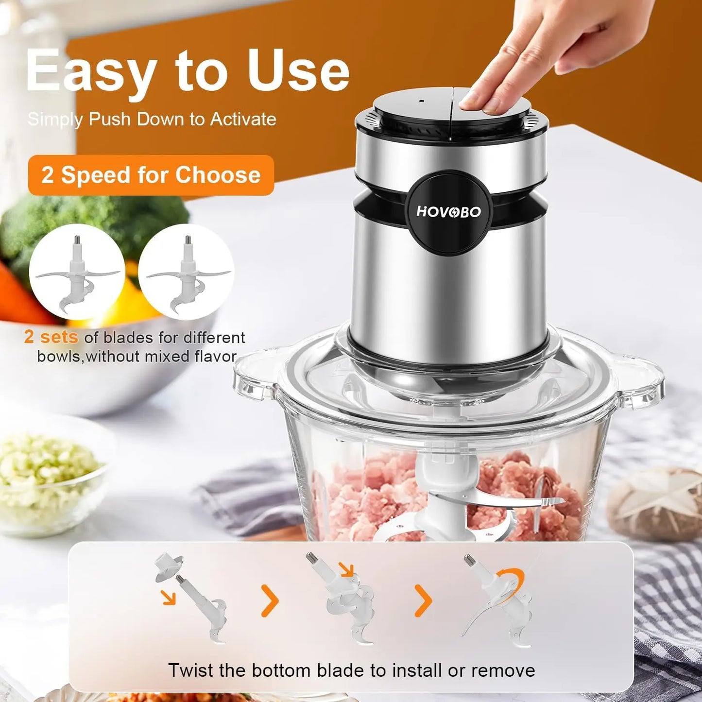 500W Electric Food Processor, Glass Bowl