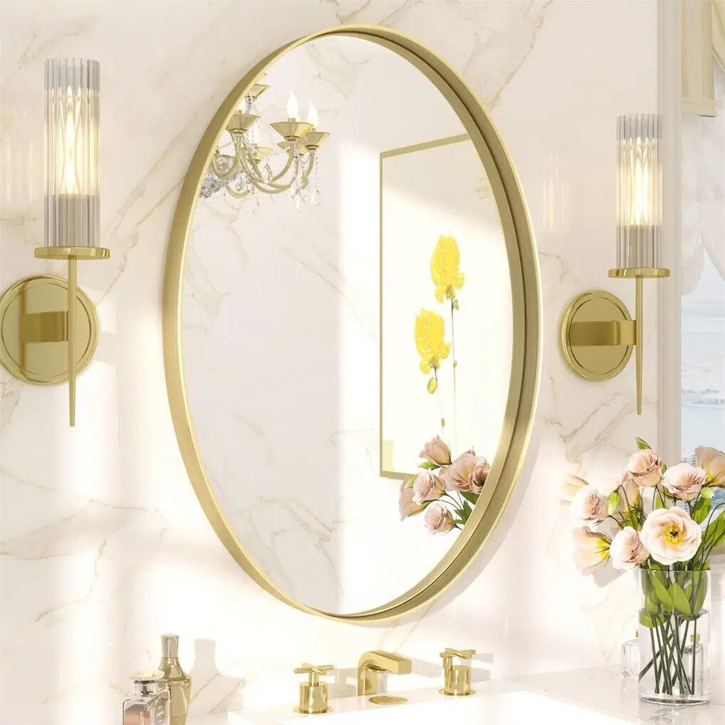Oval Wall Mounted Vanity Mirror with Brushed Brass Frame