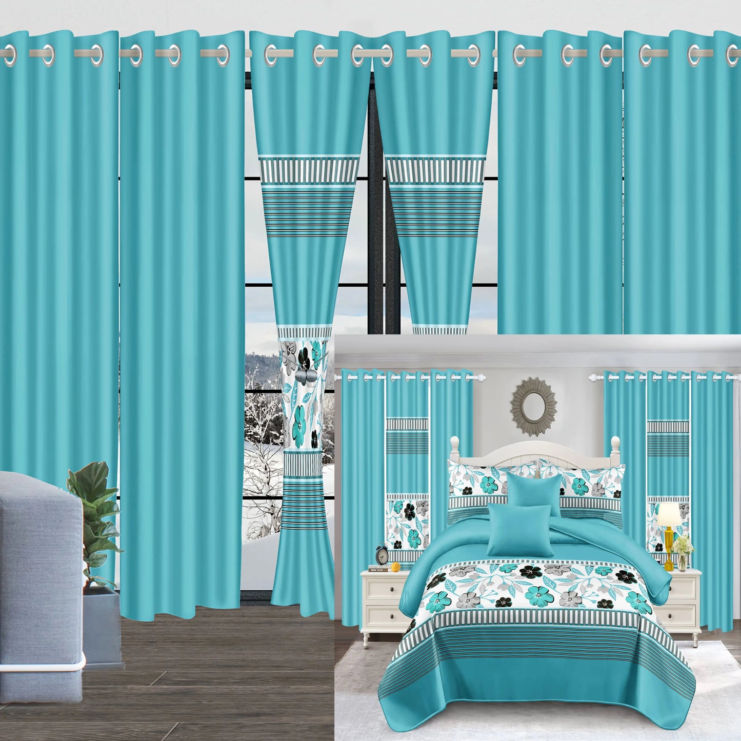 9 Piece Bedspread Set, Blue and White Flower, Inner Filling, Warmth, 3 Piece (1 * Bedspread, 2 * Pillowcase) 6 Piece Curtain Set (2 * Printed Curtain, 4 * Solid Curtain) Bedroom, 86*95.1inch *100 Inch 92*106inch