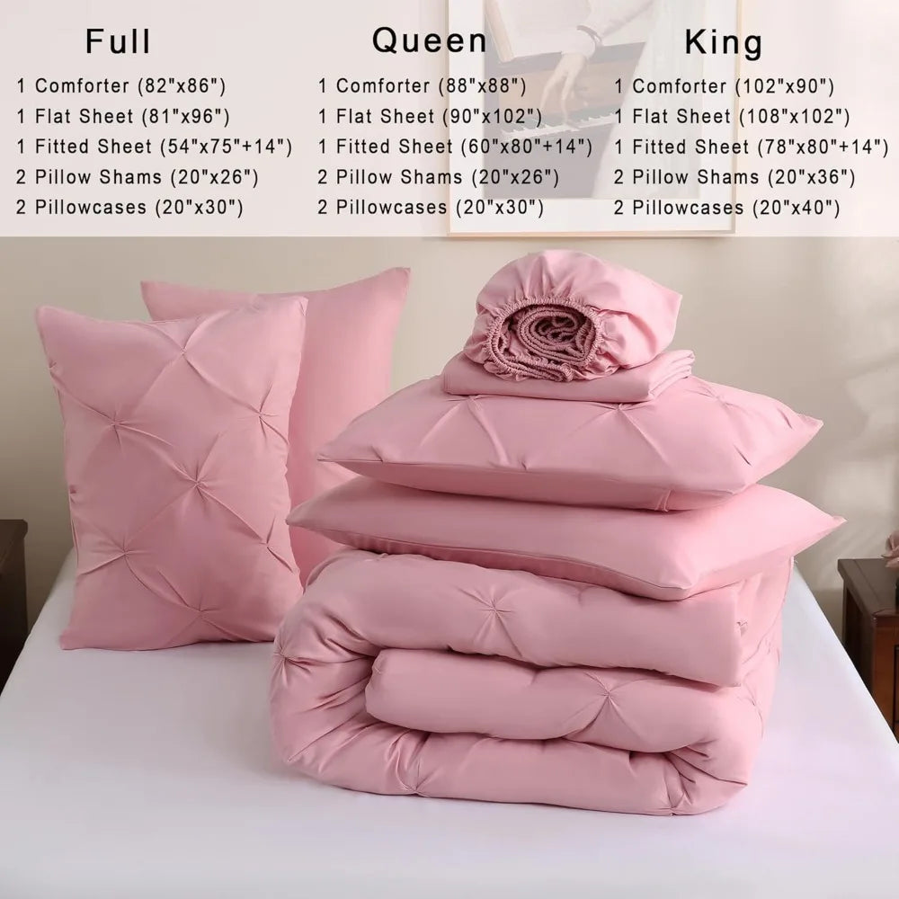 DOWNCOOL 7 Pieces King Size Comforter Set, Pink Pintuck Bed in A Bag, All Season