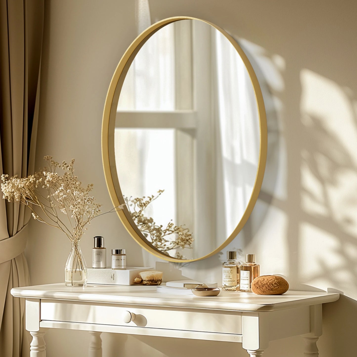 Oval Wall Mounted Vanity Mirror with Brushed Brass Frame