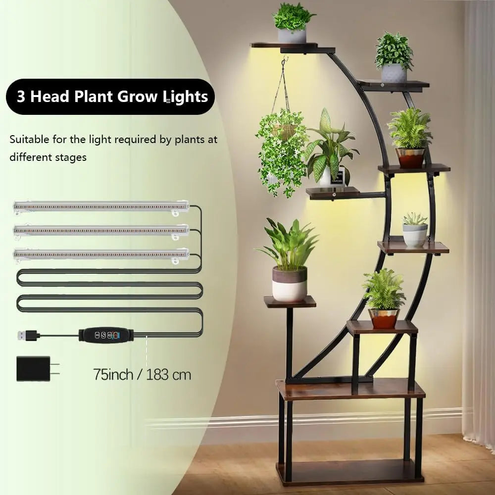 9 Tiered Black Plant Stand with Grow Light for Indoor Plants, 60"