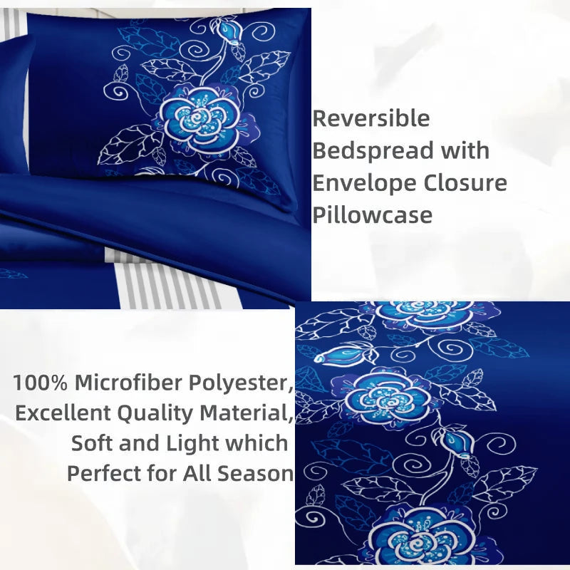 9 Piece Bedspread Set, Blue and White Flower, Inner Filling, Warmth, 3 Piece (1 * Bedspread, 2 * Pillowcase) 6 Piece Curtain Set (2 * Printed Curtain, 4 * Solid Curtain) Bedroom, 86*95.1inch *100 Inch 92*106inch