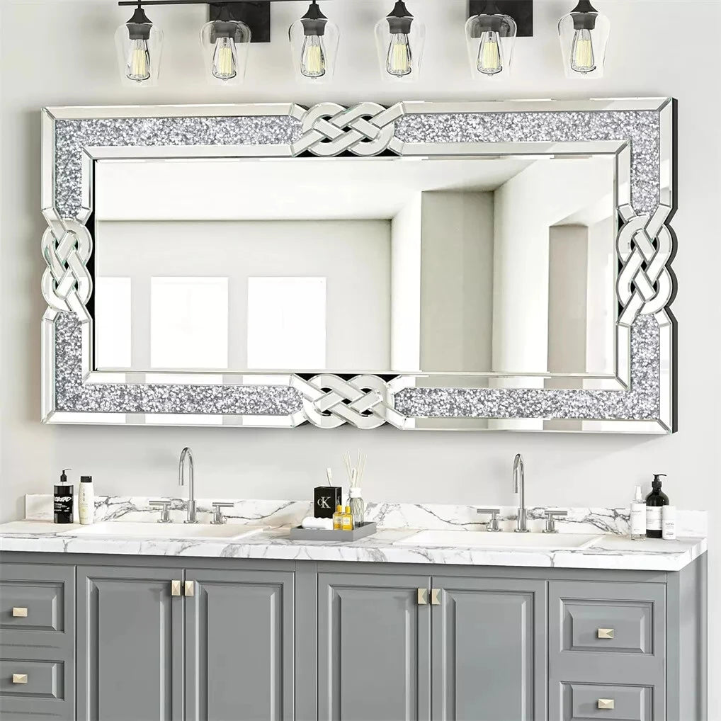 Crushed Diamond Wall Mirror, Decorative Glam Bling Crystal Frame Edge