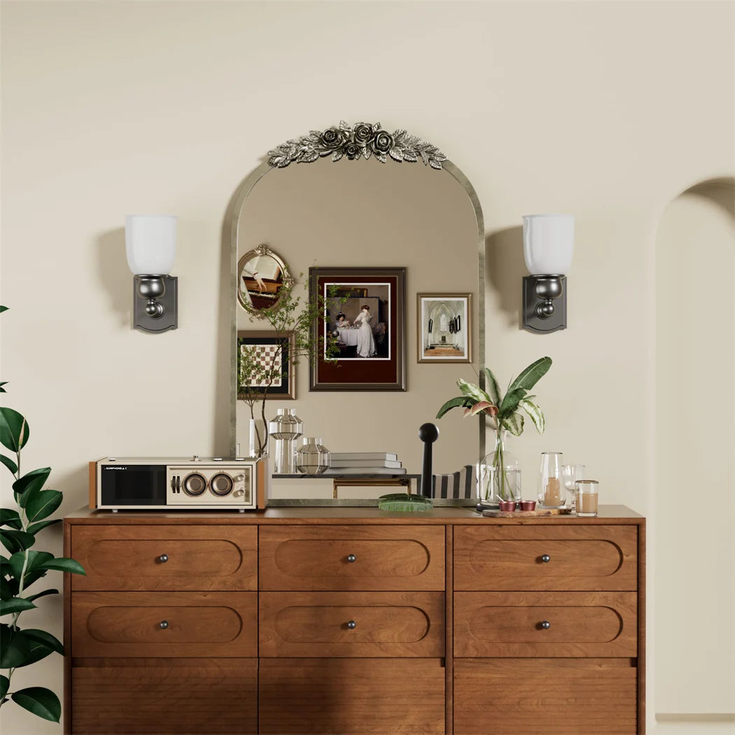 Arched Antique Brass Wall Mirror, Metal Frame Adorned with Resin Rose Pattern