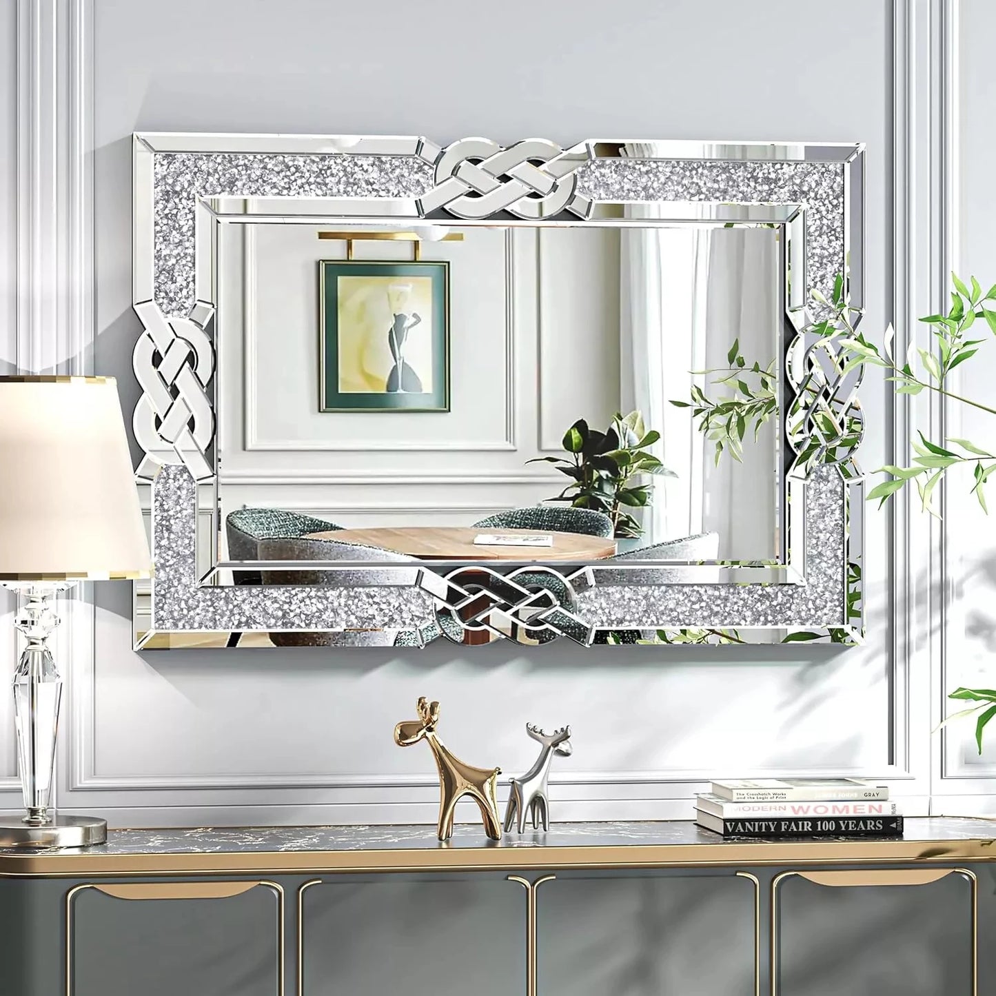 Crushed Diamond Wall Mirror, Decorative Glam Bling Crystal Frame Edge
