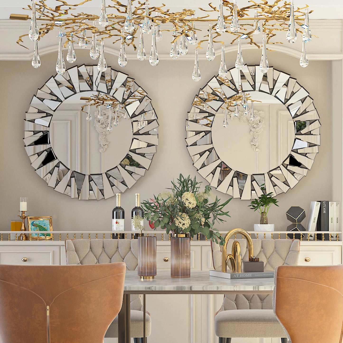 32" Decorative Round Wall Mirror with Modern Silver Glass Wall-Mounted Beveled Hanging Circle Accents