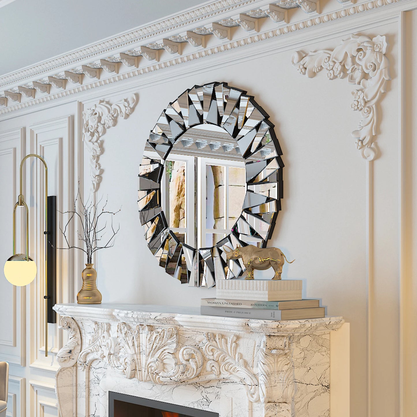 32" Decorative Round Wall Mirror with Modern Silver Glass Wall-Mounted Beveled Hanging Circle Accents