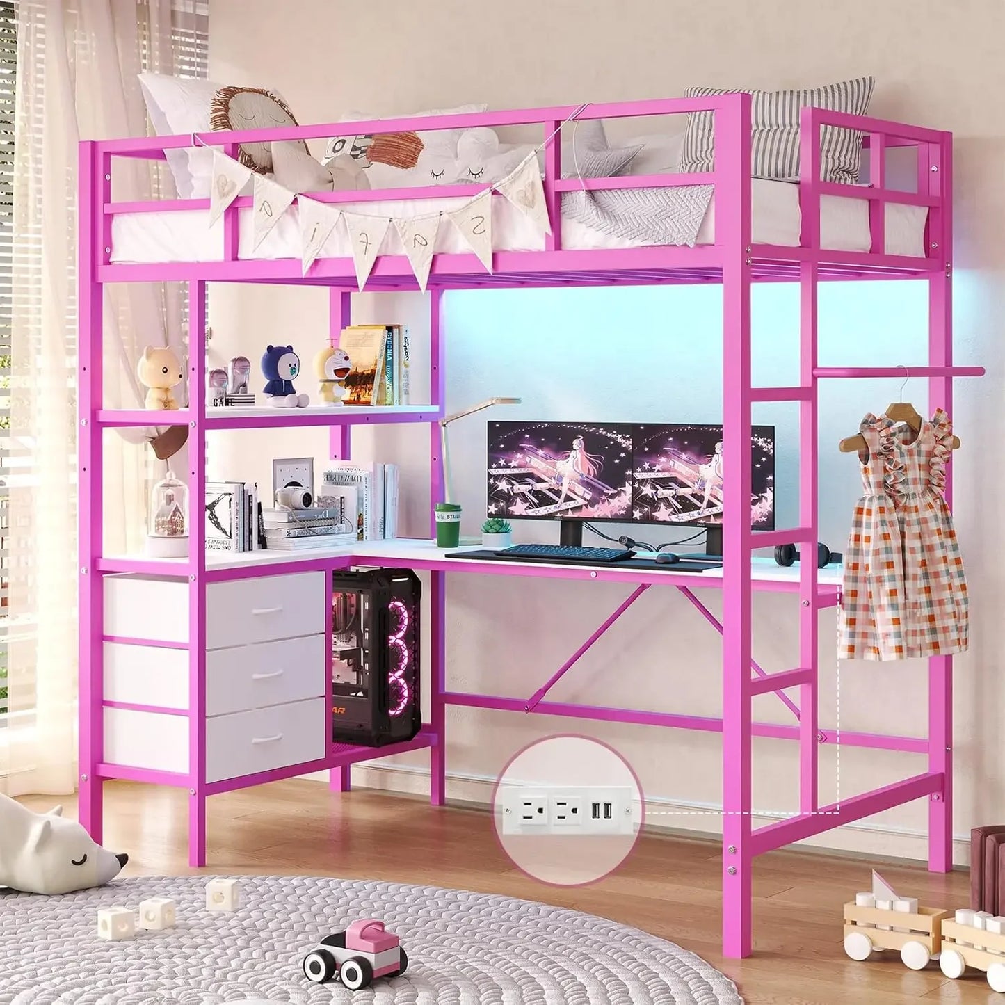 Twin Loft Bed with L-Shaped Desk, LED Lights, Charging Station with 3 Storage Shelves and 3 Fabric Drawers