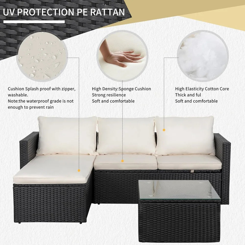 3 PC Sectional Furniture Set with All-Weather Wicker Rattan with Glass Table Top