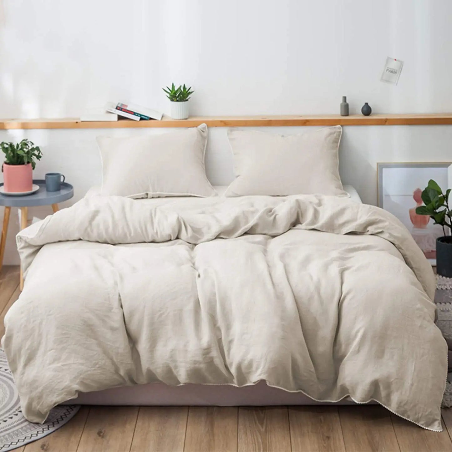 3Pcs 100% Linen Bedding Set, Washed Comforter Boho Breathable Queen King Size Duvet Cover Bed Sheet Pillow Shams