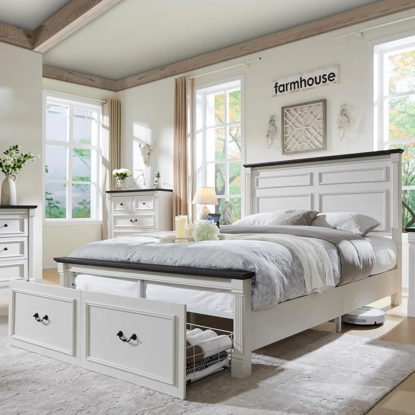 Farmhouse Queen Size Bed Frame, with 51" Tall Headboard, 20" Tall Footboard & 2 Large Storage Drawers