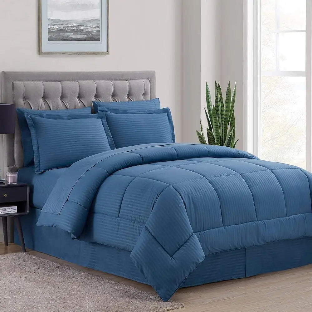 8 Piece King Comforter Set, Microfiber, Stripe Design